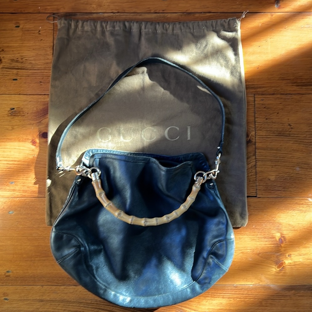 Vintage Gucci Black Leather Bamboo Hobo Bag